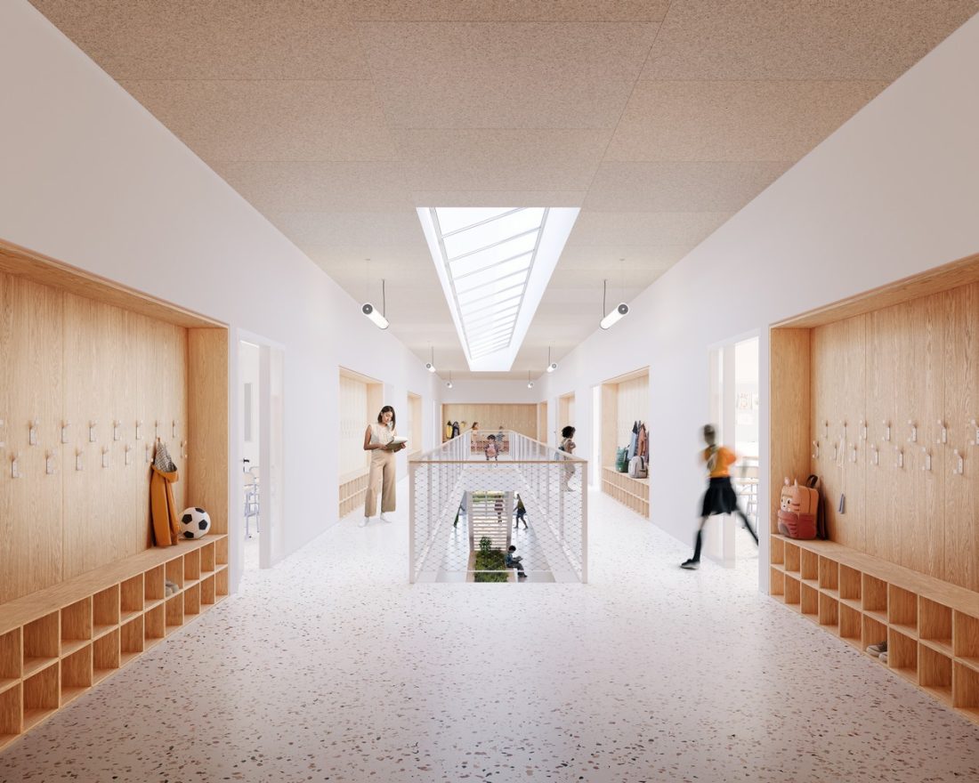 École élémentaire, restaurant scolaire et centre d'activités Flins-sur-Seine - Z Architecture - Perspective concours architecture