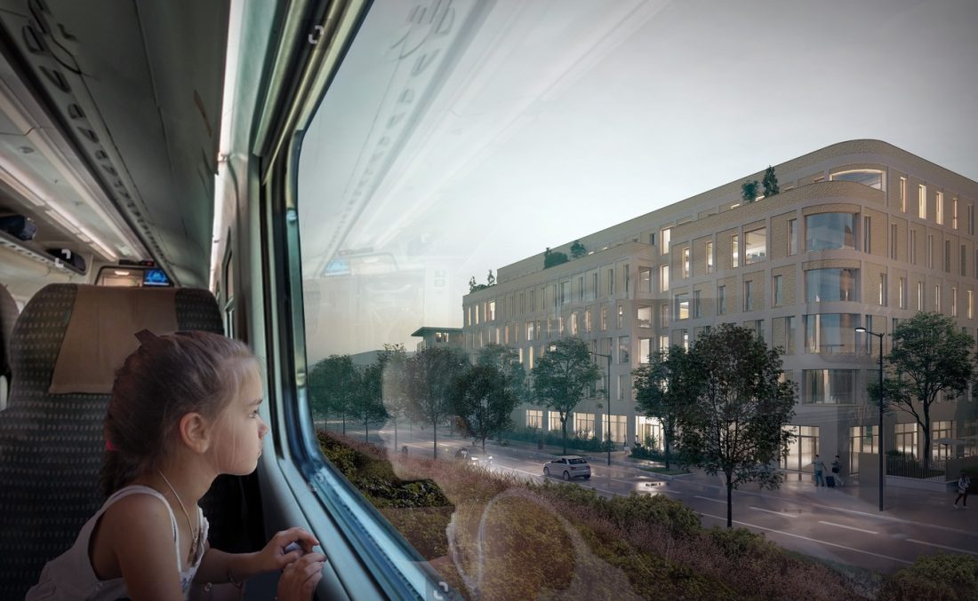 "New Campus" : nouveau siège social groupe R.A.S Interim - Lyon (69) - Z Architecture - infographie depuis le train