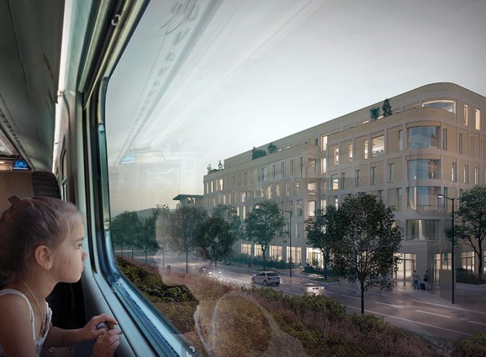 "New Campus" : nouveau siège social groupe R.A.S Interim - Lyon (69) - Z Architecture - Infographie : vue depuis le train