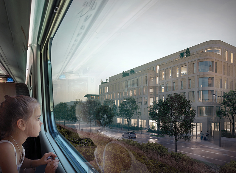 "New Campus" : nouveau siège social groupe R.A.S Interim - Lyon (69) - Z Architecture - Infographie : vue depuis le train