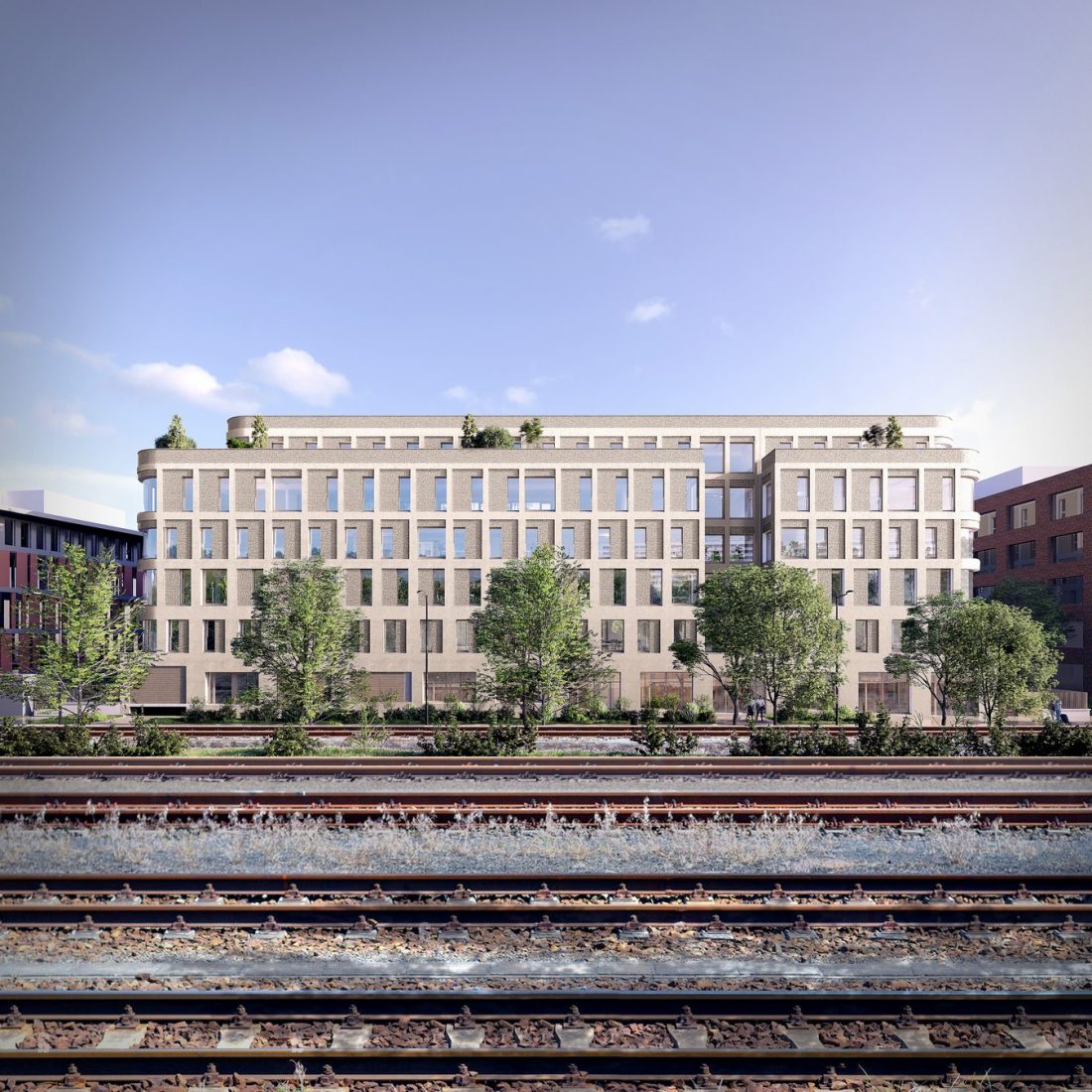 "New Campus" : nouveau siège social groupe R.A.S Interim - Lyon (69) - Z Architecture - Infographie : vue depuis la voie ferrée